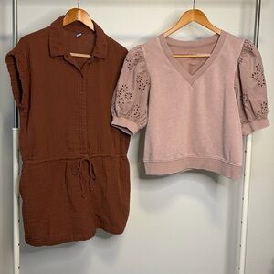 Kensie Dusty Rose Cutout Knit Pullover and Rust Drawstring Romper
